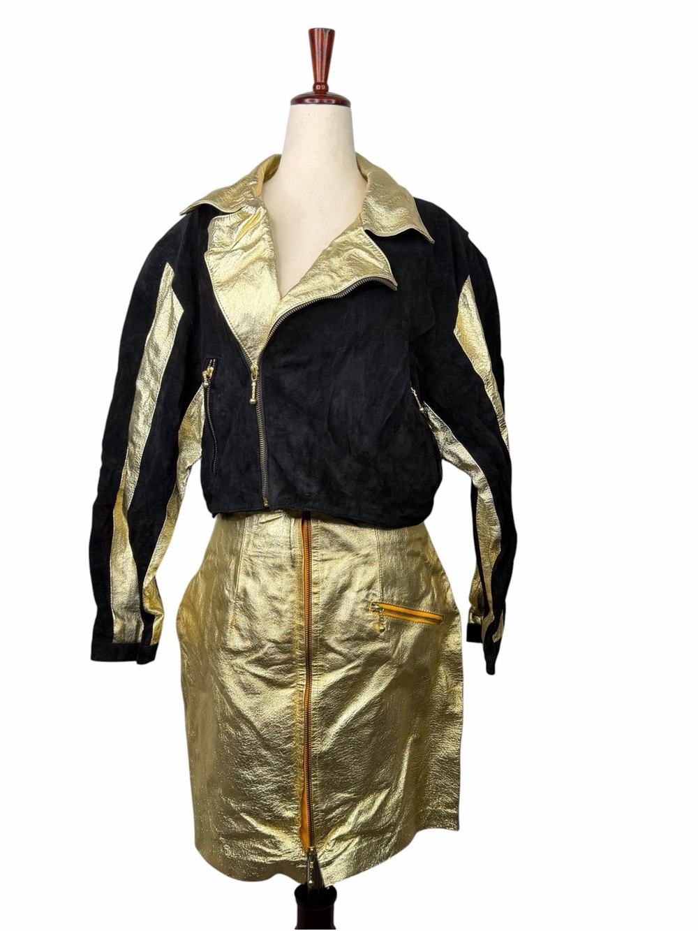 Don't Stop Vintage 80's Black Gold Leather Bomber Jacket Skirt Set Retro Glam M